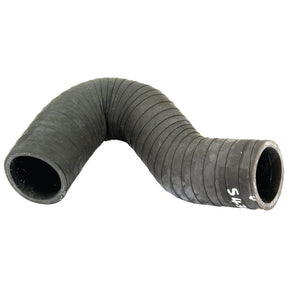 A black rubber Bottom Hose, Sparex Part No. S.43128, featuring a flexible, ribbed design and an elbow bend, partially labeled with white markings. With an inner diameter of 50mm at the smaller end and 52mm at the larger end, it is compatible with Massey Ferguson models and essential for smooth operations. It can be secured effortlessly with a hose clip.