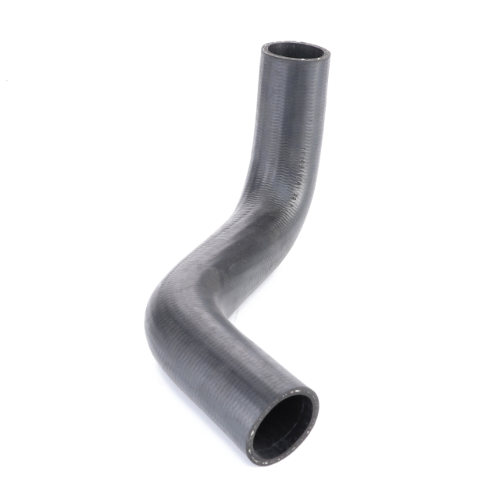 Black, curved rubber hose with a textured surface, displayed on a white background. This AGCO Massey Ferguson Bottom Radiator Hose (part number 1695562M1) is compatible with Massey Ferguson 300 Series tractors.