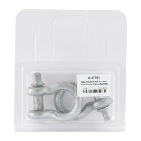 A packaged Sparex Bow Shackle with an 11mm pin, size 10mm, labeled as Sparex Part No. S.27781. The mild steel shackle comes in a clear plastic case and includes a label displaying details such as the size and the product number.