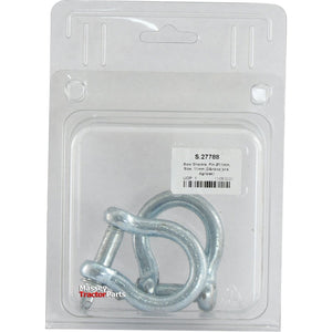 A package containing two drop-forged silver bow shackles, each with an 11mm pin. The label indicates the item is from Massey Tractor Parts, with the product code S.27788. Perfect as a Sparex alternative for robust performance.