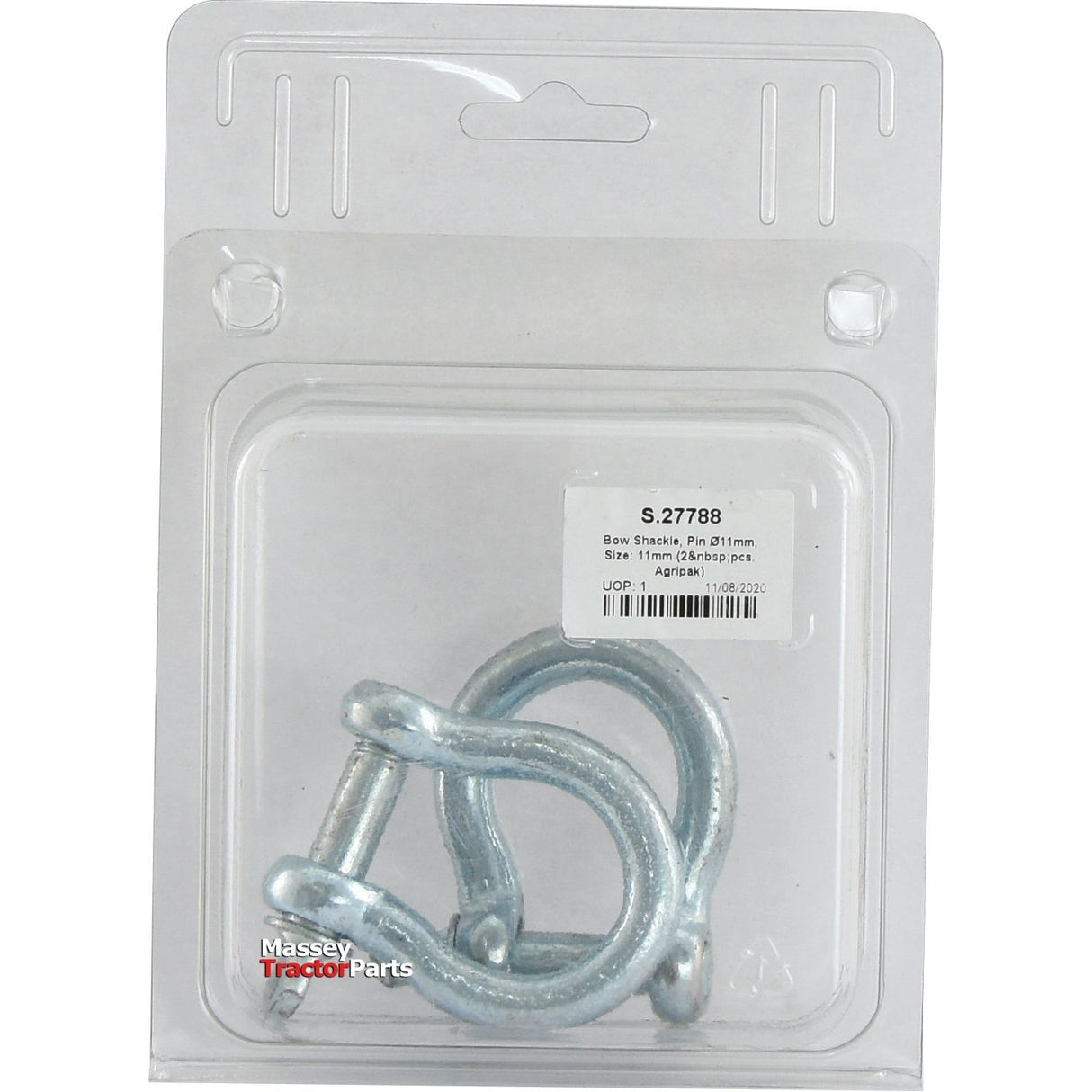 A package containing two bow shackles with an 11mm pin diameter, labeled "Bow Shackle, Pin Ø11mm, Size: 11mm (2 pcs. Agripak) | Sparex Part No.S.27788," offers a durable Sparex alternative for your heavy-duty needs.