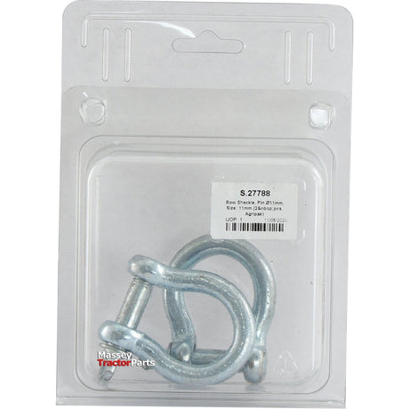 A package containing two bow shackles with an 11mm pin diameter, labeled "Bow Shackle, Pin Ø11mm, Size: 11mm (2 pcs. Agripak) | Sparex Part No.S.27788," offers a durable Sparex alternative for your heavy-duty needs.