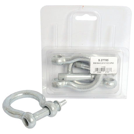 A package containing two Sparex Bow Shackles, Pin Ø13mm (Sparex Part No. S.27783), with one drop forged shackle displayed in front of the package demonstrating its open position.