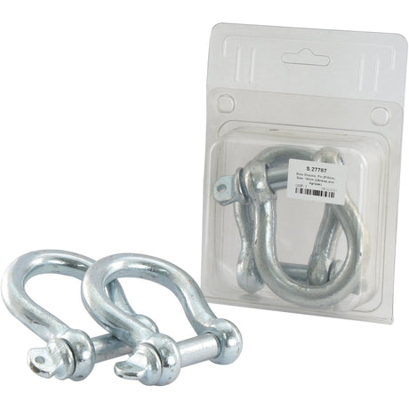 Two Sparex Bow Shackles, Pin Ø16mm, Size: 16mm (2 pcs. Agripak) are displayed in front of sealed packaging containing identical shackles with part number S.27787.