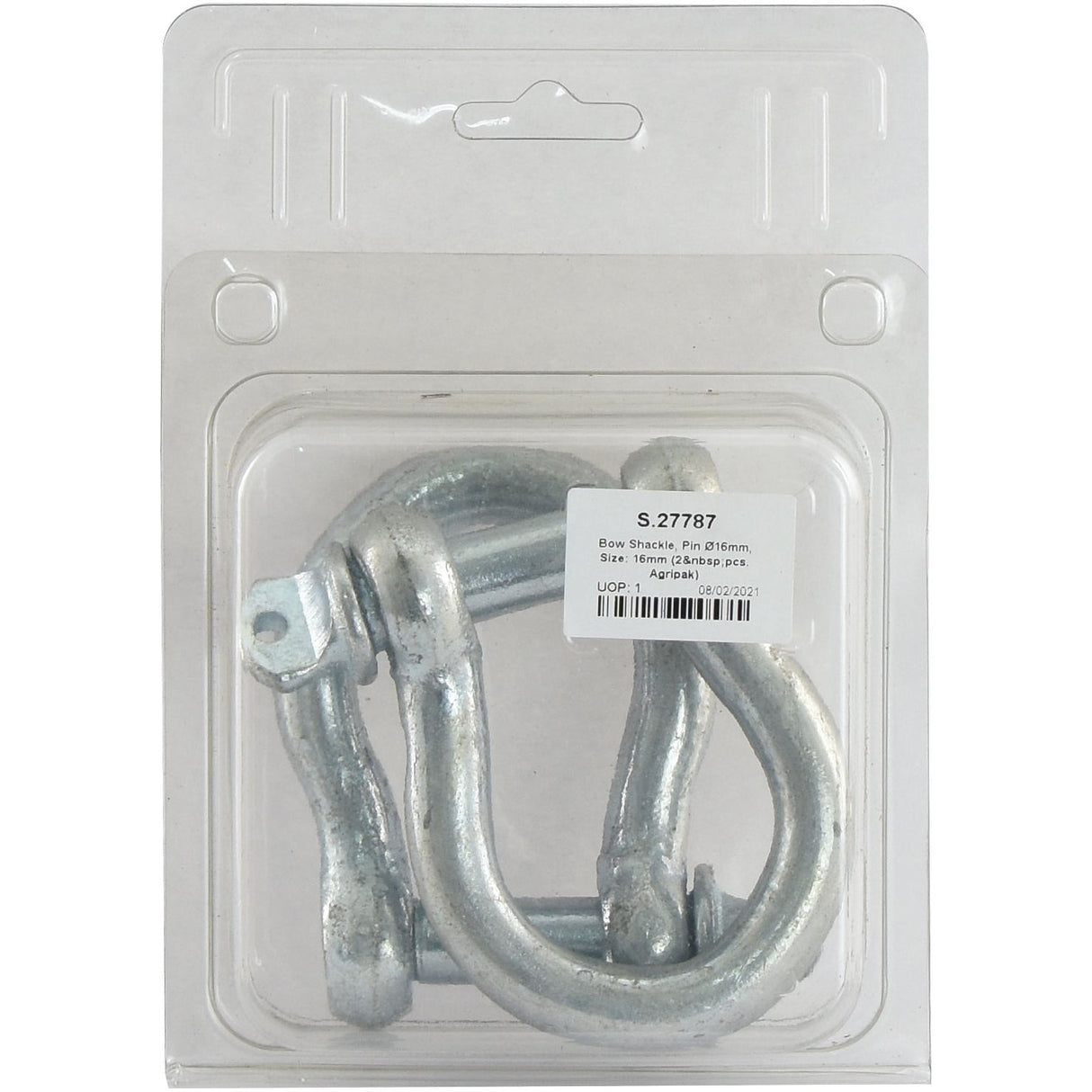 Package of two Sparex bow shackles with a 16mm pin diameter, stored in clear plastic clamshell packaging, featuring a product label at the top. Crafted from drop forged mild steel for enhanced durability and strength. Product Name: Bow Shackle, Pin Ø16mm, Size: 16mm (2 pcs. Agripak) | Sparex Part No.S.27787.