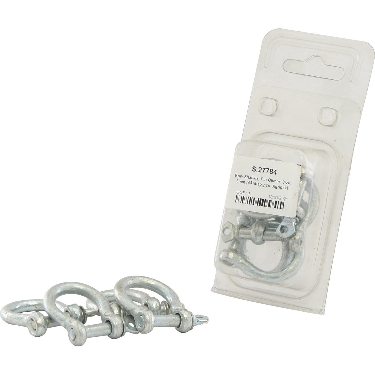 The Sparex Bow Shackle (Part No. S.27784), featuring a 6mm pin diameter, comes in a pack of four pieces and is crafted from durable mild steel. It is shown loose and in its Agripak packaging.