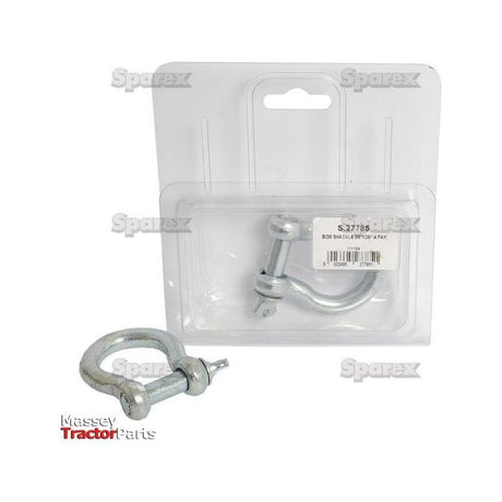 Image of a Sparex Bow Shackle, Pin Ø10mm, Size: 10mm (1 pc. Agripak) in a clear plastic package, with a second drop forged shackle placed outside the package on a white background. The package displays the brand name "Sparex" and product code "S.27785".