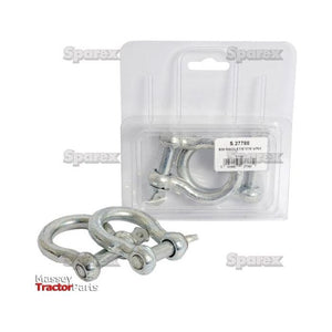 The package contains two Bow Shackles, each with an 11mm pin diameter. These shackles are made from drop-forged mild steel and are housed in a clear plastic container. One pair is showcased in front of the packaging, which has a white label displaying the model number S.27788 from Sparex. This product serves as an ideal alternative for various applications under the Sparex brand name.