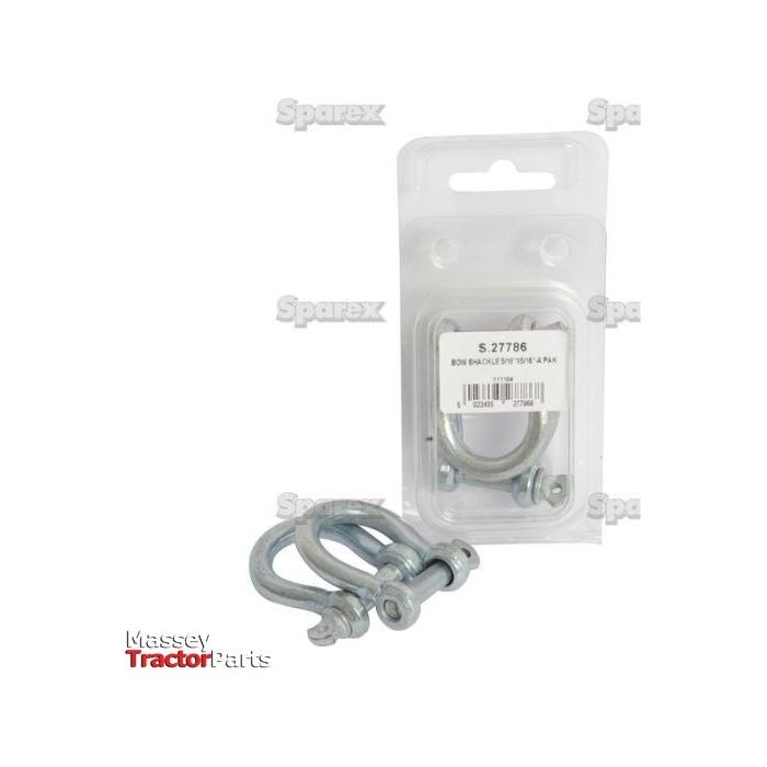 A package containing two Bow Shackles with a pin diameter of 8mm, labeled S.27786 from Sparex. The packaging and shackles are displayed against a white background. These Bow Shackles ensure superior strength and reliability for various applications.