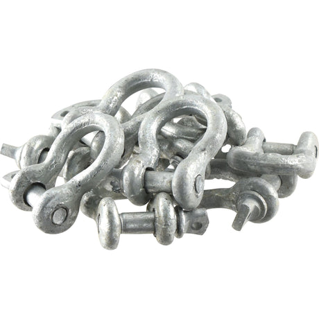 A collection of Sparex Bow Shackles, rated at 0.5T (1100 lbs), Part No. S.21558, featuring drop forged metal and screw pins, commonly used in rigging and lifting applications due to their consistent safe working load limits.