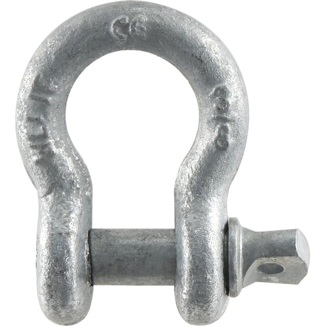 A close-up image of the Sparex Bow Shackle, with part number S.21559, rated at 1 ton (2200 lbs), featuring a drop-forged, galvanized steel U-shaped body and a threaded pin securing the opening.