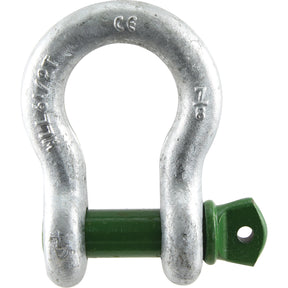 Sparex Bow Shackle S.21564, constructed from mild steel, comes with a green pin and is embossed with "WLL 6 1/2 T," "CE," and "Safe Working Load 14300 lbs.