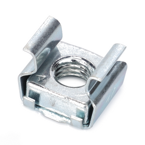 A close-up of the AGCO Massey Ferguson - Box Nut - 3698947M1, highlighting its silver, square body and spring-loaded wings on each side, resembling those used in Massey Ferguson 300 Series tractor parts.