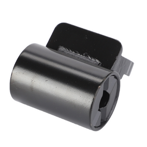 Close-up of the AGCO Massey Ferguson - Bracket Mirror Arm Top L/H - 3105256M2, a cylindrical black metal component with a hexagonal opening and a flat, protruding section on one side, designed for commonly found in Massey Ferguson tractor series models.