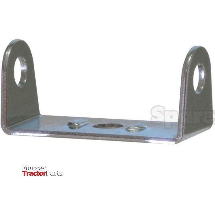 The Sparex Bracket for Work Light - S.29346 features two upward-facing arms, each with a circular hole. The lower-left corner of the bracket displays the words "Massey Tractor Parts," along with manufacturing information and product specifications.