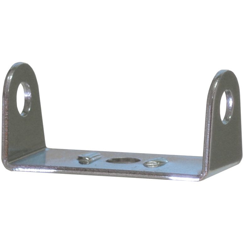 The Bracket for Work Light - S.29346 by Sparex is a metallic U-shaped bracket featuring two circular holes on the upright arms and one central circular hole on the base, designed for versatile mounting applications. It boasts durable construction and precise dimensions to ensure reliability.