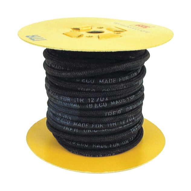 A spool of Sparex Braided Fuel Hose 3mm x 7mm x 15M | Sparex Part No.S.19154, wrapped around a yellow circular base. The hose, made from NBR rubber and reinforced with high tensile polyester, features white text printed on it.