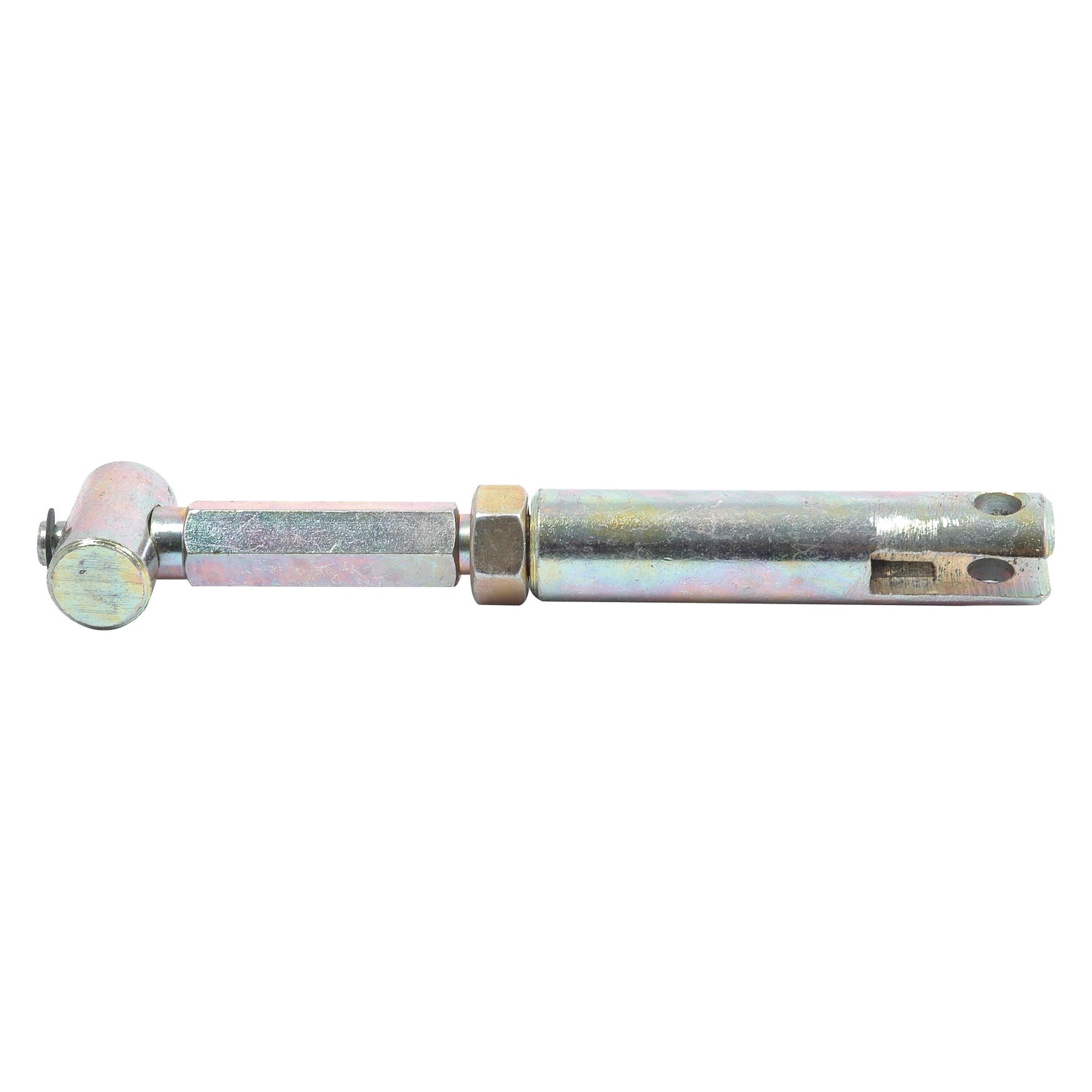 The Brake Adjuster Assembly, Sparex Part No. S.69881, features an adjustable metal linkage rod with a cylindrical base on one end and a threaded mechanism on the other, along with a hex nut in the middle. This versatile component is essential for brake adjuster assembly in various tractor parts and is provided by Sparex.
