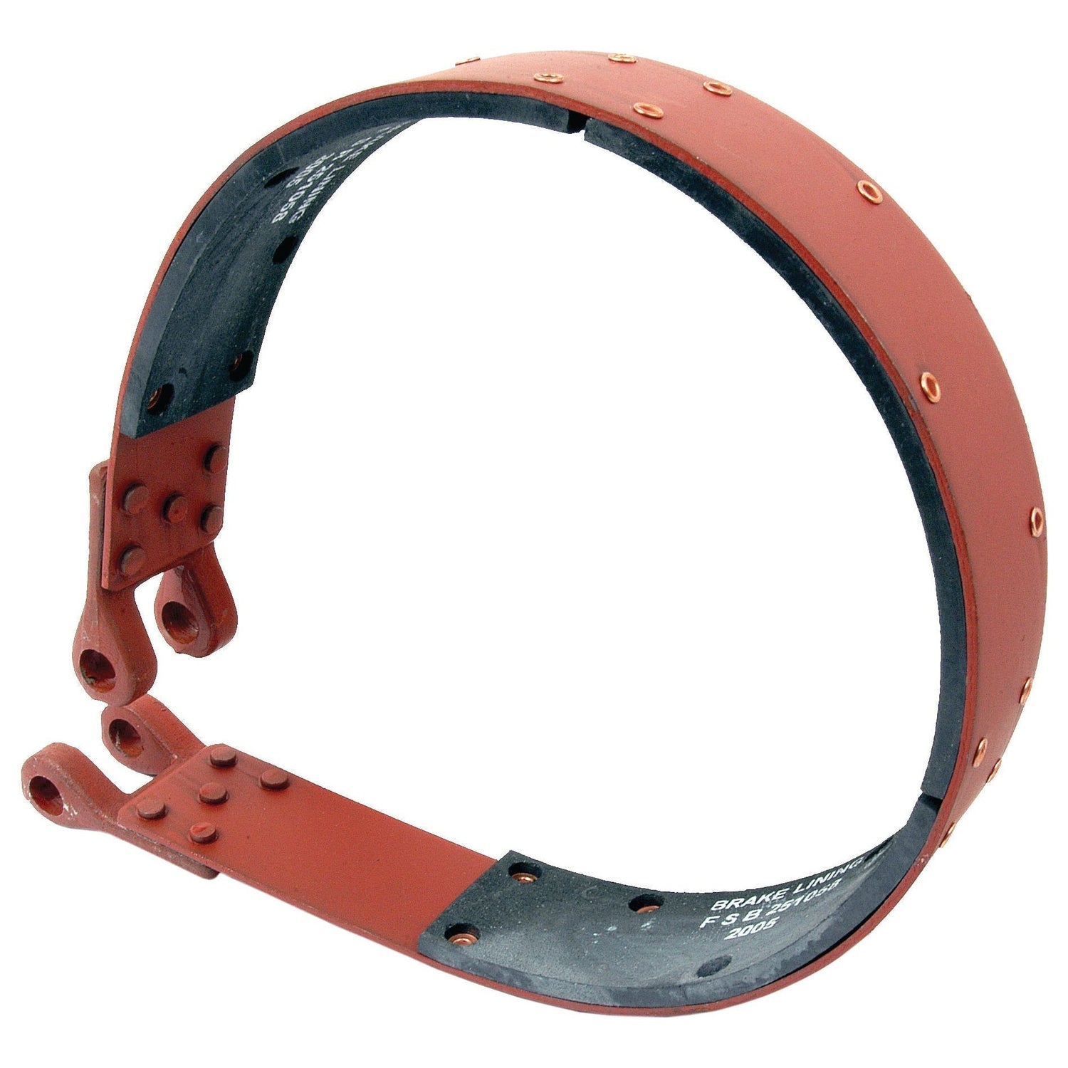 Image of a red and black metal automotive brake band with rivets and two attachment points. The Sparex Brake Band, OD 180mm. - S.62204 features RH & LH alignment and is designed for optimal performance, with a lining width that ensures secure braking.
