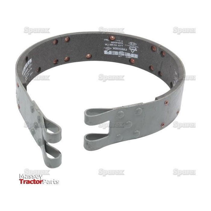 A Brake Band, OD 225mm. - S.59112 by Sparex, in gray with rivets and mounting brackets, featuring a lining width suitable for RH & LH applications in agricultural equipment, shown isolated on a white background. The Massey Tractor Parts logo is visible in the corner.