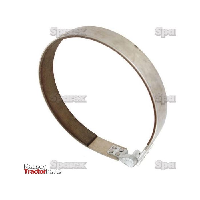 The Brake Band, OD 245mm - S.38240 by Sparex, is a metal band with a hinge and fastening mechanism designed for machinery or automotive purposes. Displayed on a white background with "Sparex" and "Massey Tractor Parts" watermarks, this band includes LH Lining width specifications for optimal fitment across various applications.