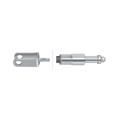 Illustration of a disassembled Brake Cable from Sparex (Part No. S.43897), viewed from the side and showing both the plug and socket components in a separated state, with precise details of the outer cable length of 735mm.