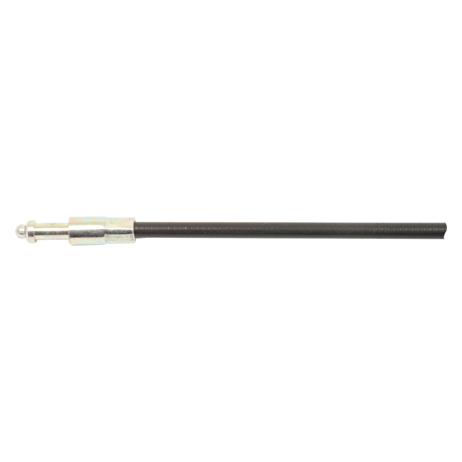 A thin, straight metallic rod with a small, cylindrical attachment on one end. The rod is made of black metal, resembling the Brake Cable commonly found in Massey Ferguson equipment. Product Name: Brake Cable - Length: 1100mm, Outer cable length: 735mm. | Sparex Part No.S.43897 by Sparex.