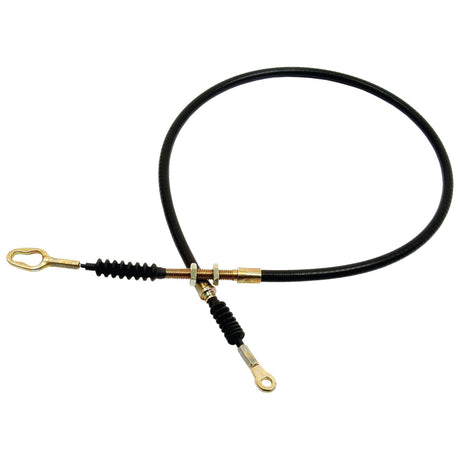 The Sparex Brake Cable (Part No. S.42001) is a black automotive parking brake cable measuring 1160mm in length with an outer cable length of 879mm. It features metal connectors at both ends—one end with a loop and the other with an eyelet—and is compatible with Massey Ferguson models, fitting both RH & LH configurations.