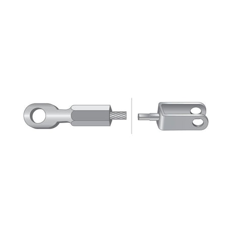 Diagram of two mechanical parts, one with a threaded hole and clevis, and the other with a cable end fitting, side by side. For Massey Ferguson models, reference Sparex Part No. S.41999 for the correct brake cable - length 1232mm (outer cable length: 956mm).