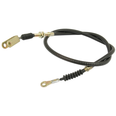 Close-up of a black and metal automotive brake cable with two looped connectors on each end. The 1232mm long Sparex Brake Cable (Sparex Part No. S.41999) is coiled and has protective corrugated sleeves near the ends, ensuring durability. Suitable for Massey Ferguson models, this cable's length provides optimal fit and performance.