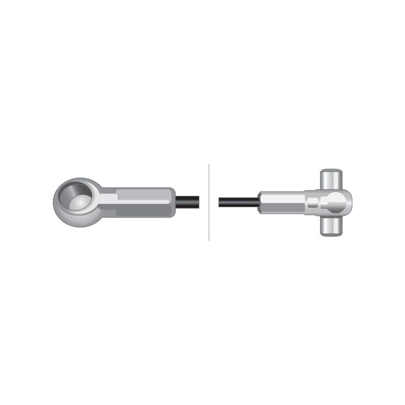 Illustration showing two views of a mechanical component with a cylindrical body and a hole through one end, positioned horizontally on the left and vertically on the right, with a Sparex Brake Cable (Sparex Part No.S.43469) - Length: 1416mm, Outer cable length: 1067mm attached.