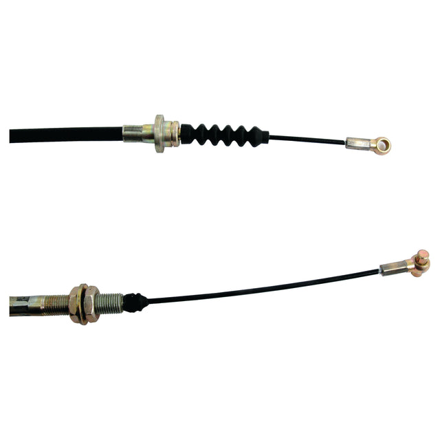 Two views of a flexible metal cable used in machinery or automotive applications, featuring threaded connectors and a looped end. Often recognized as a Brake Cable (Sparex Part No. S.43469), this component with a length of 1416mm and an outer cable length of 1067mm is compatible with Massey Ferguson equipment.