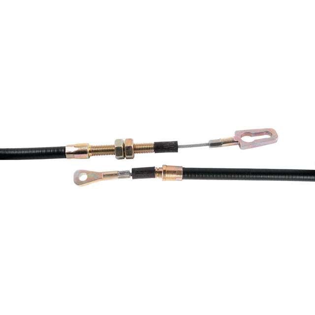 Close-up of two black Sparex Brake Cables with metal ends, connectors, and threaded adjusters laid parallel to each other on a white background. Ideal for Massey Ferguson tractors, the cables measure 1610mm in length with an outer cable length of 1420mm. | Sparex Part No.S.42004