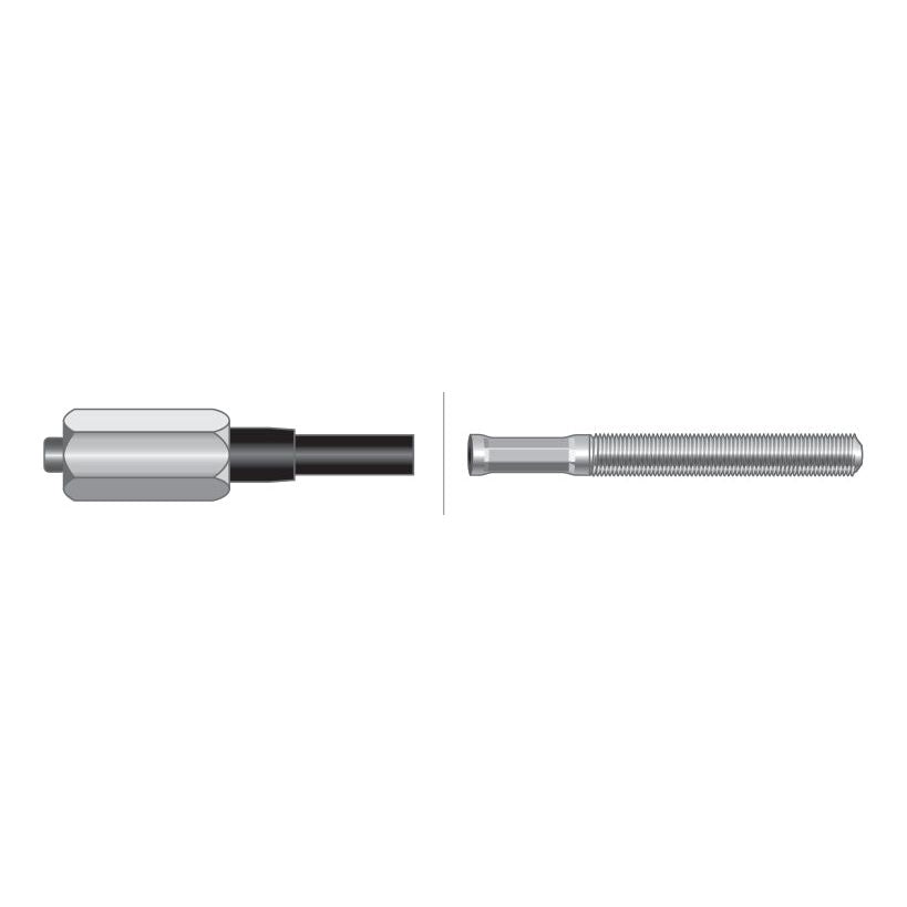 Side-by-side illustration of two metal tools: a black and silver drill bit on the left, and a silver threaded screw on the right, reminiscent of the precision found in Sparex's Brake Cable - Length: 1830mm, Outer cable length: 1588mm. | Sparex Part No.S.57440.