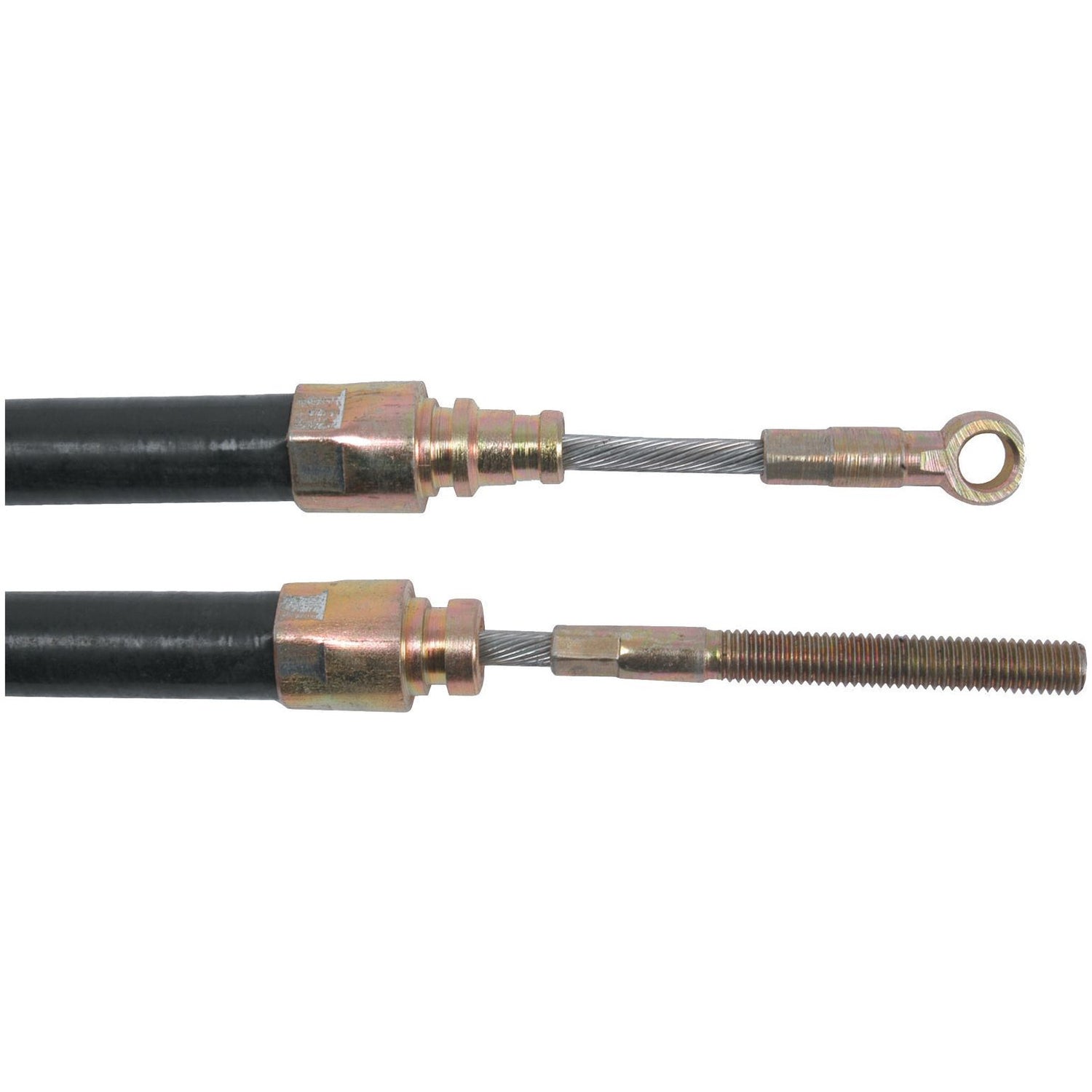 Close-up of two brake cables (Sparex Part No.S.57795) with threaded ends and loop attachments, measuring 418mm in length with a 288mm outer cable, used for mechanical connections in automotive or machinery applications, compatible with Sparex and International Harvester equipment.
