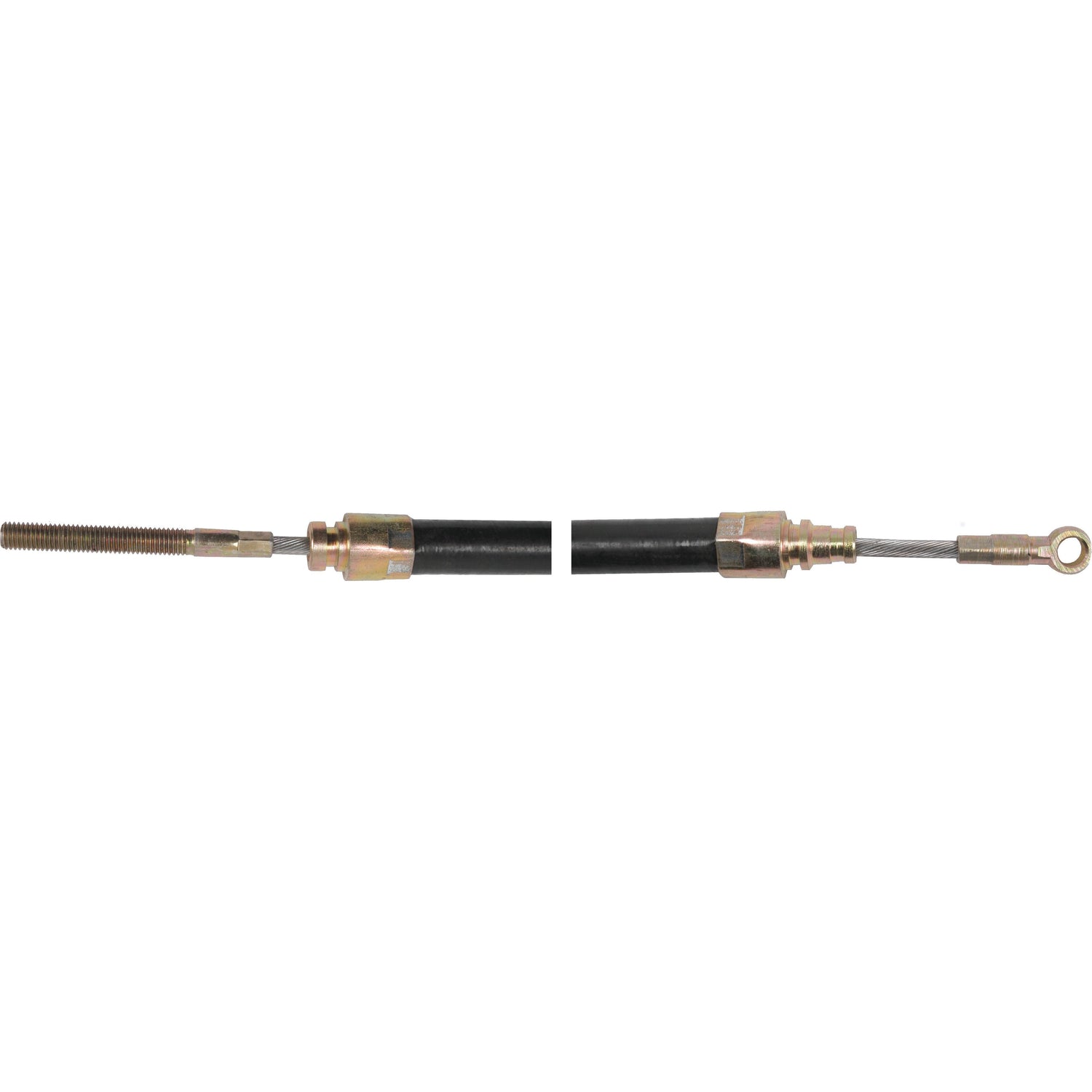 The Sparex Brake Cable, part number S.57795, features two black flexible cables with metal fittings on each end. One end has a threaded rod and the other has a loop connector, separated by a visible gap in the middle. With an overall length of 418mm and an outer cable length of 288mm, this high-quality component is designed for Case IH models to ensure durability and reliability in your machinery.