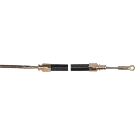 The Sparex Brake Cable, part number S.57795, features two black flexible cables with metal fittings on each end. One end has a threaded rod and the other has a loop connector, separated by a visible gap in the middle. With an overall length of 418mm and an outer cable length of 288mm, this high-quality component is designed for Case IH models to ensure durability and reliability in your machinery.