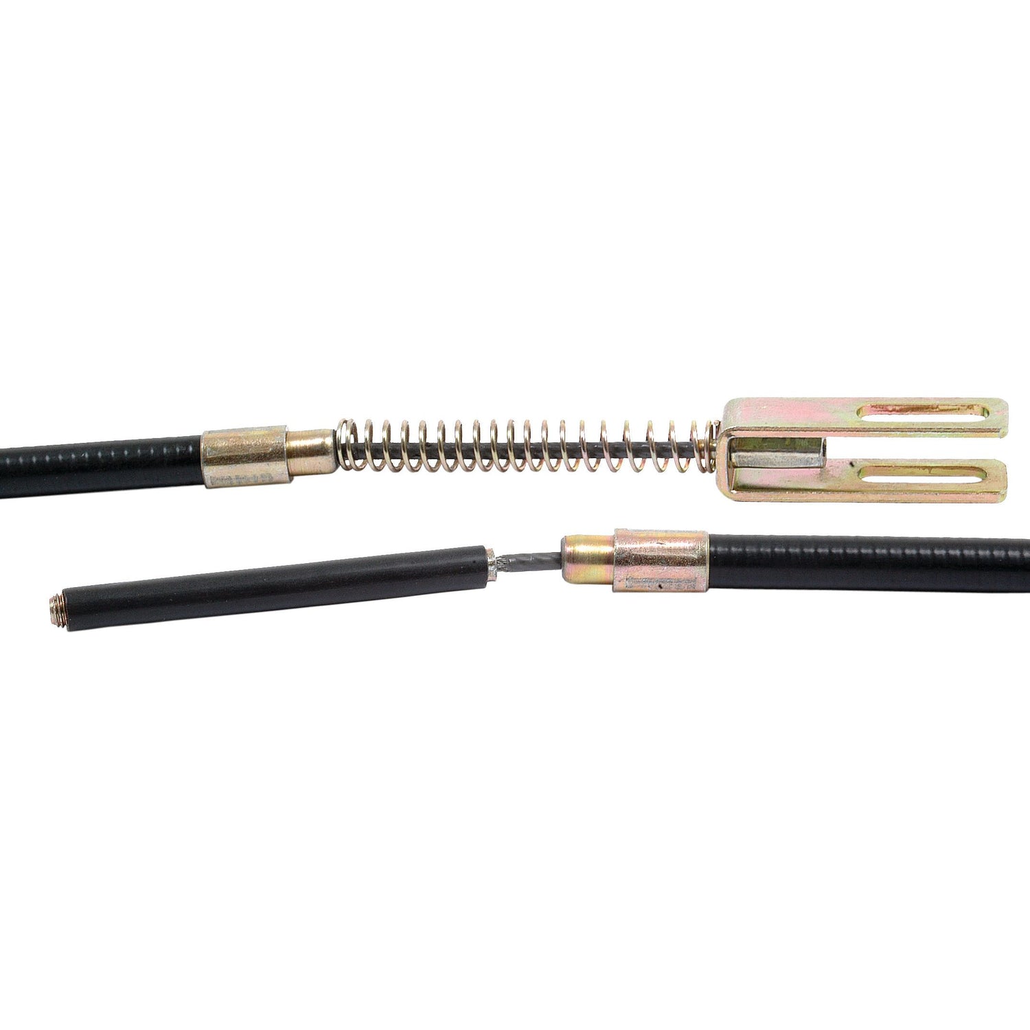 A close-up view of a Sparex Brake Cable (Part No. S.7753) with a black outer casing and metal fittings, featuring a length of 996mm and an outer cable length of 747mm, used in automotive applications.