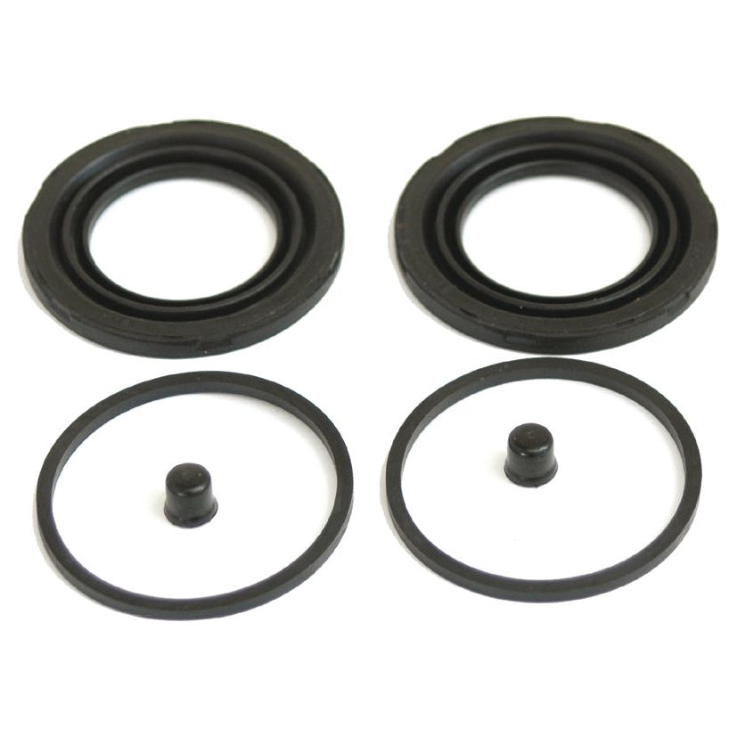 Four black rubber seals of various sizes are displayed on a white background. The two largest are circular, thick-rimmed seals, while the smaller ones include thin rings and one small cap each. Ideal for Deutz-Fahr brake caliper maintenance, these components from the Sparex Brake Caliper Repair Kit (Sparex Part No.S.37315) ensure a proper fit and function.
