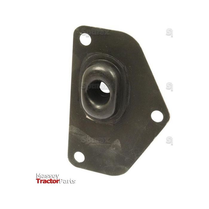 A black rubber grommet mounted on a black metal plate with three screw holes, labeled "Sparex Brake Cover Plate, Part No. S.42645.