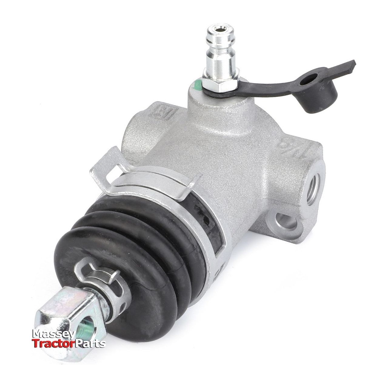 Close-up of a metallic hydraulic component with cylindrical features, including a black rubber seal and multiple connection points. The Massey Tractor Parts logo in the bottom left corner indicates that this is an AGCO Massey Ferguson Brake Cylinder (Product Number: 6312241M91), compatible with the 1000 Series tractors.