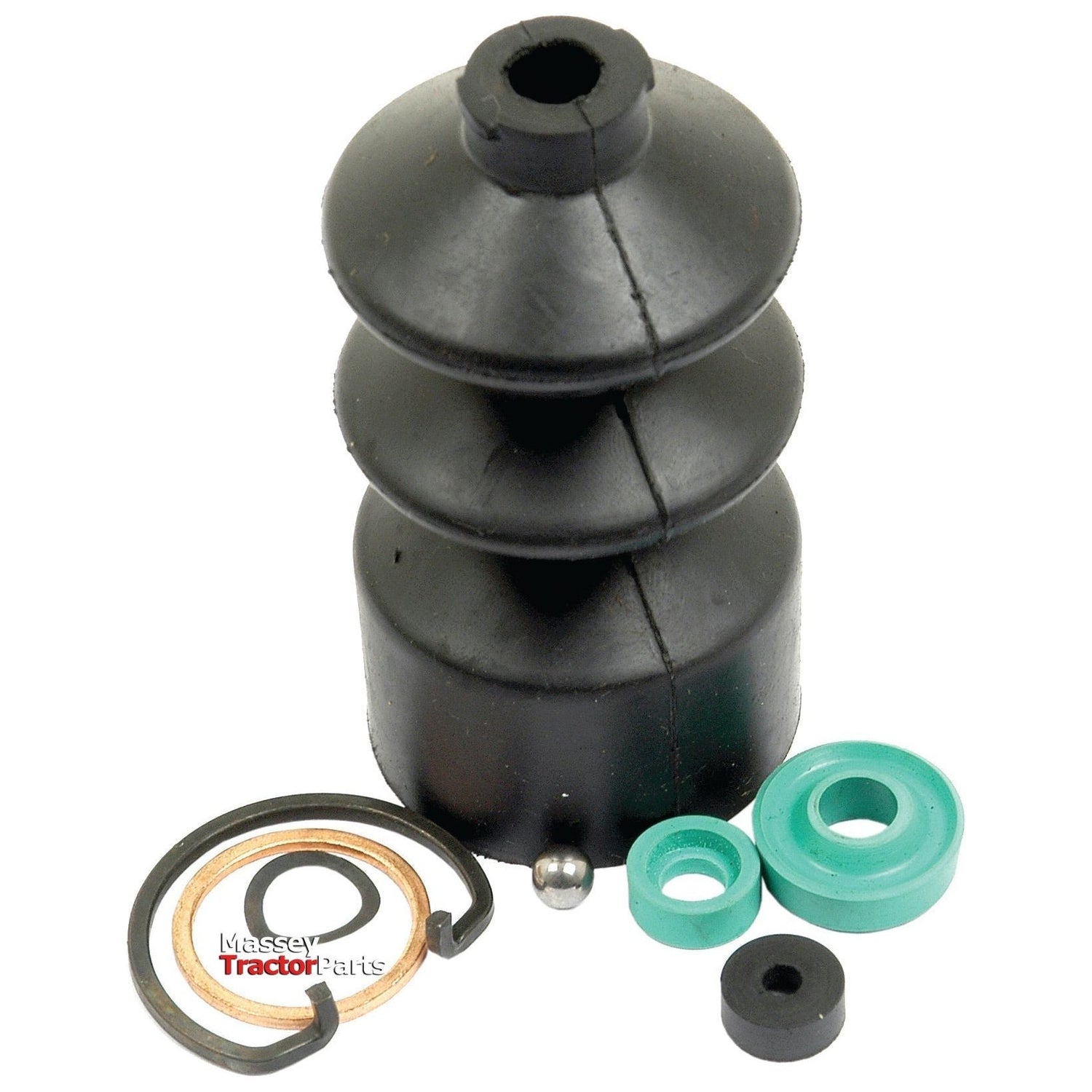 A black rubber dust boot, various green and black seals, a metal washer, a spring, and a small metal ball are placed on a white background. The text "Massey Tractor Parts" is partially visible. These components resemble the Brake Cylinder Repair Kit | Sparex Part No.S.42033 from the Sparex brand, typically used for Lucas MIN66 or Massey Ferguson tractor brake master cylinders.