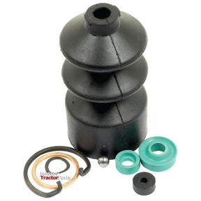 A black rubber dust boot, various green and black seals, a metal washer, a spring, and a small metal ball are placed on a white background. The text "Massey Tractor Parts" is partially visible. These components resemble the Brake Cylinder Repair Kit | Sparex Part No.S.42033 from the Sparex brand, typically used for Lucas MIN66 or Massey Ferguson tractor brake master cylinders.
