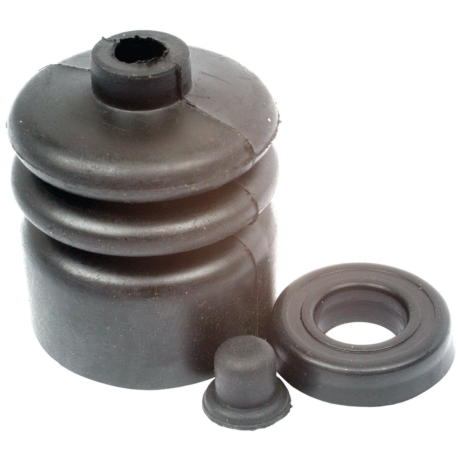 The Brake Cylinder Repair Kit (Sparex Part No. S.57413) by Sparex includes a black rubber dust boot assembly with three components arranged sequentially: a large boot, a small cap, and a circular washer, making it ideal for refurbishing the slave cylinder.