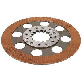 The AGCO Massey Ferguson - Brake Disc - 3716223M1 is a round, metal clutch plate featuring eight circular holes evenly spaced around the edge and a toothed inner ring. The outer rim boasts a textured, brown surface, designed specifically for Massey Ferguson 8170 and 8180 models.