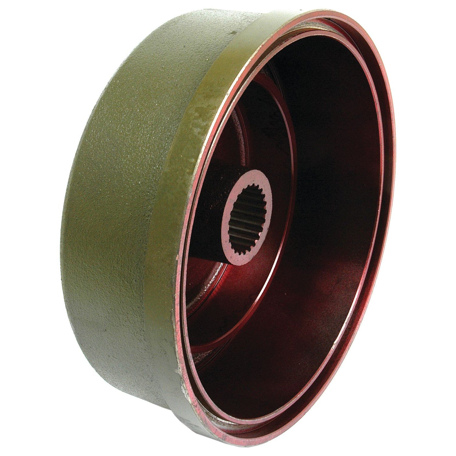 The Brake Drum (Sparex Part No.S.312051) from Sparex is a metal cylindrical component featuring a smooth interior and a central opening with gear-like splines. Its exterior is painted green, characteristic of Deutz-Fahr equipment, while the interior displays a reddish-brown hue.