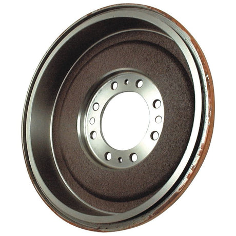 Close-up of a circular metal Brake Drum (Sparex Part No.S.40827) with multiple holes in the center, showing signs of rust on the outer surface. This Sparex part, compatible with Massey Ferguson models, features a durable spline for secure attachment.