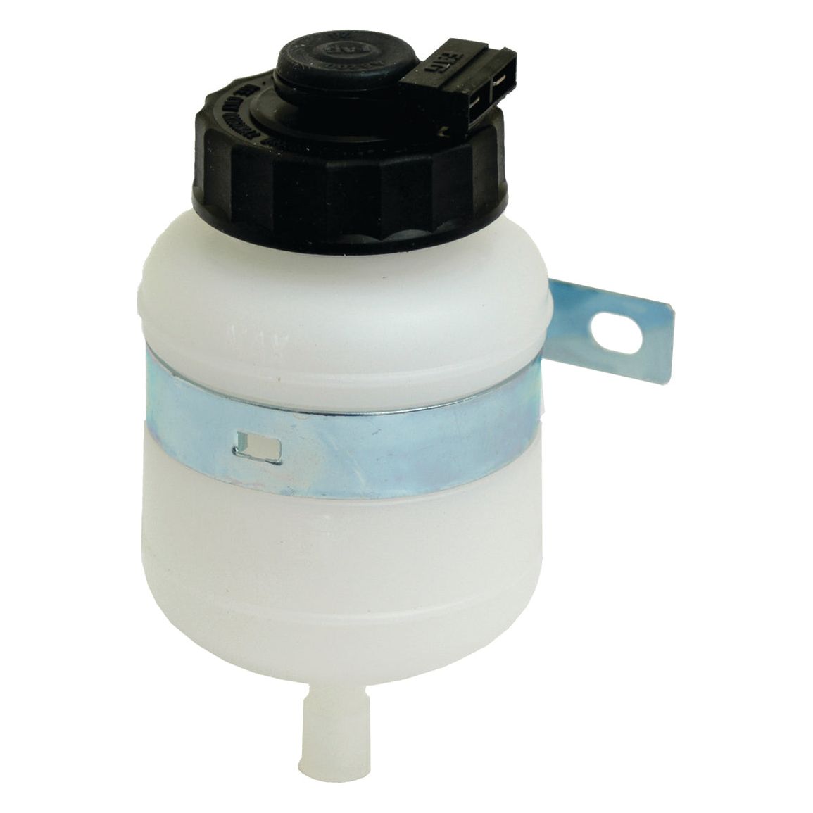 Plastic brake fluid reservoir (Sparex Part No. S.38083) with a black cap and attached metal bracket, compatible with Fendt machinery by Sparex.