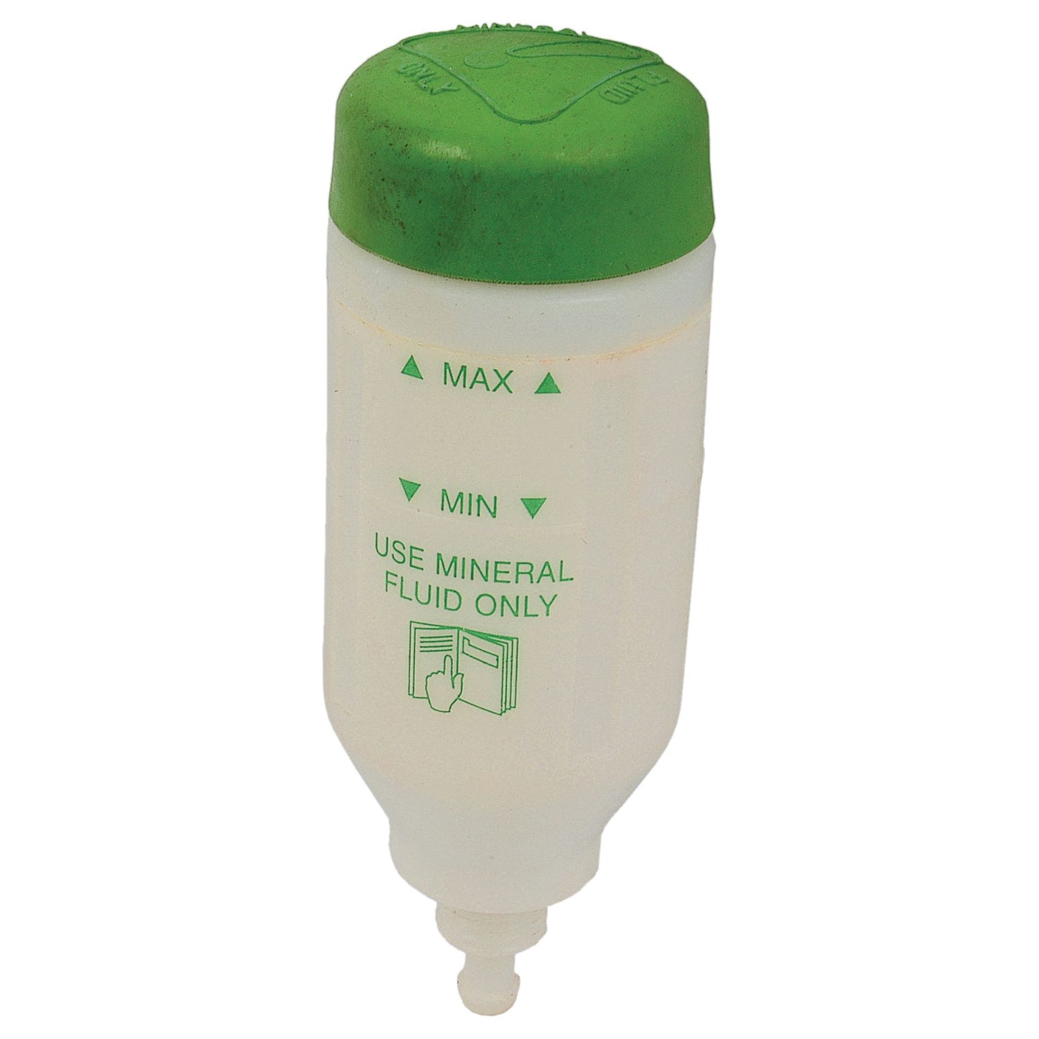 A white plastic Brake Fluid Reservoir from Sparex, featuring a green cap, "MAX" and "MIN" indicators, and labeled with "USE MINERAL FLUID ONLY," is ideal for your Massey Ferguson tractor. (Sparex Part No.S.42193)