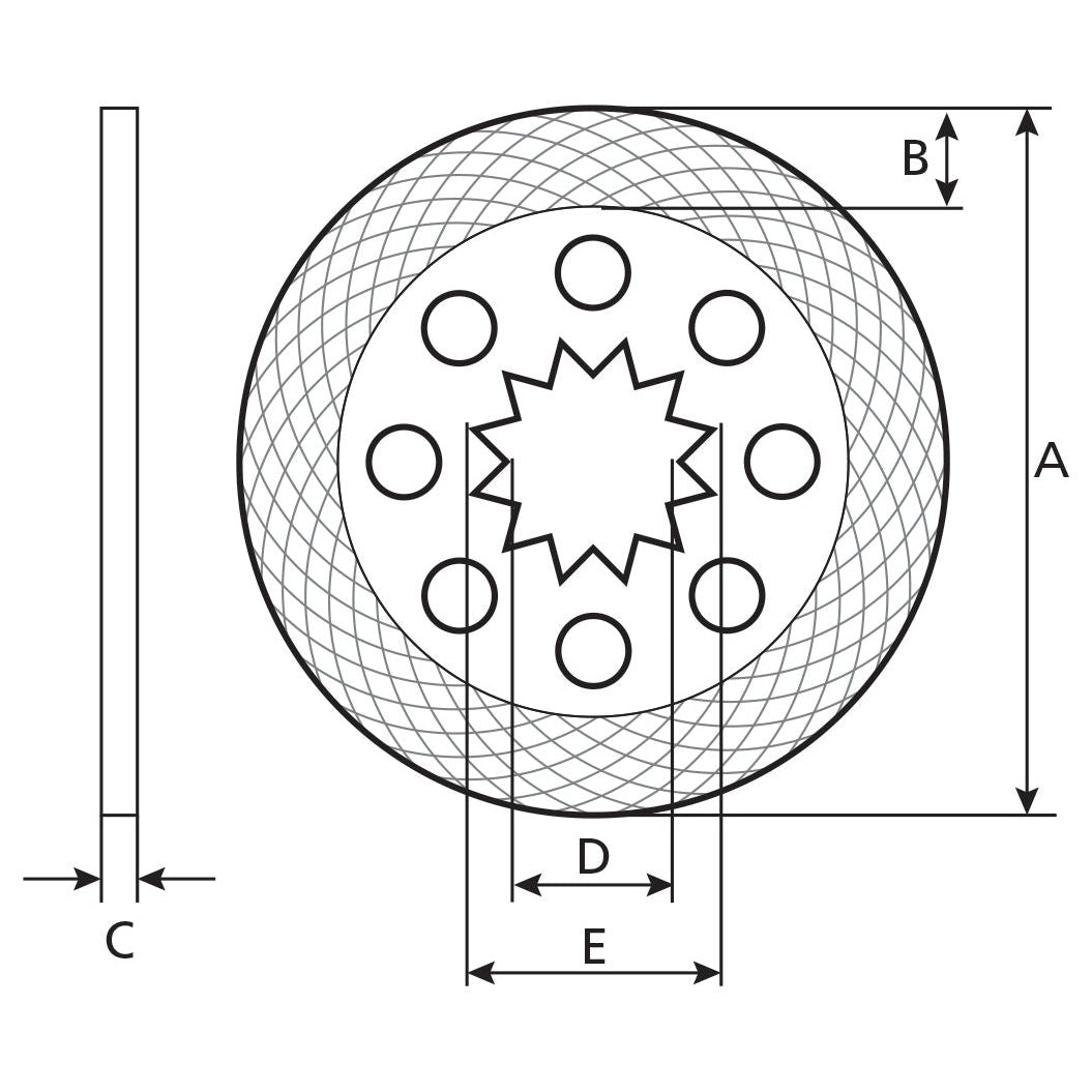 Technical diagram of a Brake Friction Disc with a round shape and star-shaped internal design, featuring multiple holes and labeled dimensions A (180mm outer diameter), B (hole diameter), C (thickness), D, and E. The Sparex S.40832 component includes an organic lining material for enhanced performance.